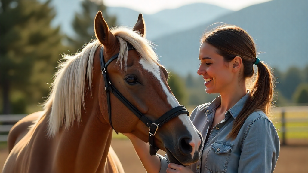 Woman smiling and interacting with a horse in an outdoor setting with mountains in the background